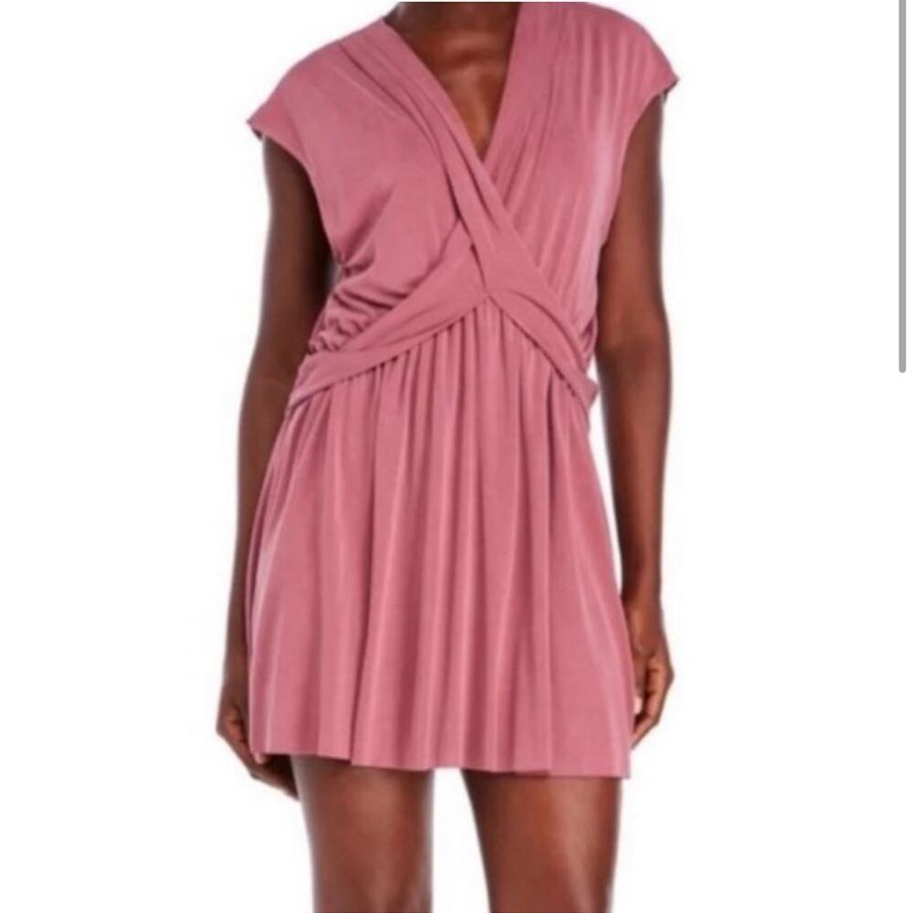 Free People Cupro Criss Cross Maeve Dusty Pink Short Sleeve Faux Wrap Mini Dress